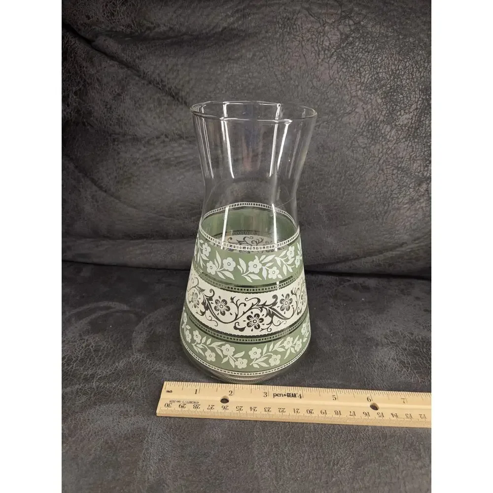 Vintage Mid-Century Glass Juice Carafe Green & White Floral Silver Bands 7.5
